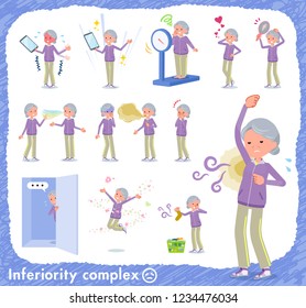 A set of old women in sportswear on inferiority complex.There are actions suffering from smell and appearance.It's vector art so it's easy to edit.
