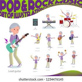 A set of old women in sportswear playing rock 'n' roll and pop music.There are also various instruments such as ukulele and tambourine.It's vector art so it's easy to edit.