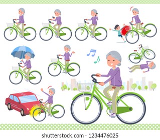 A set of old women in sportswear riding a city cycle.There are actions on manners and troubles.It's vector art so it's easy to edit.