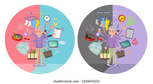 A set of old women in sportswear who perform multitasking in offices and private.There are things to do smoothly and a pattern that is in a panic.It's vector art so it's easy to edit.