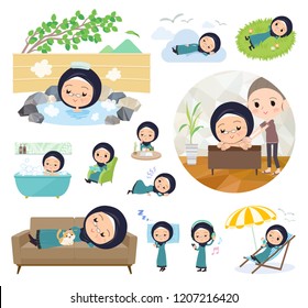 A set of old women wearing hijab about relaxing.There are actions such as vacation and stress relief.It's vector art so it's easy to edit.