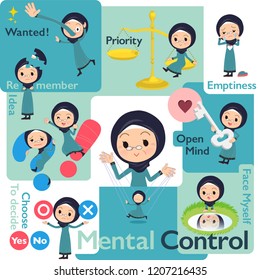 A set of old women wearing hijab who control emotions.A variety of image illustrations expressing self emotion.It's vector art so it's easy to edit.