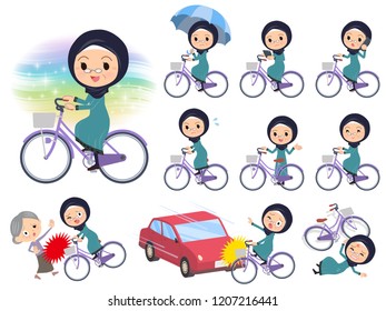 A set of old women wearing hijab riding a city cycle.There are actions on manners and troubles.It's vector art so it's easy to edit.