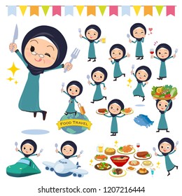 A set of old women wearing hijab on food events.There are actions that have a fork and a spoon and are having fun.It's vector art so it's easy to edit.