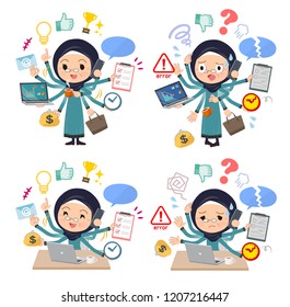 A set of old women wearing hijab who perform multitasking in the office.There are things to do smoothly and a pattern that is in a panic.It's vector art so it's easy to edit.