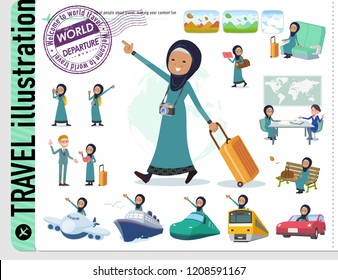A set of old women wearing hijab on travel.There are also vehicles such as boats and airplanes.It's vector art so it's easy to edit.