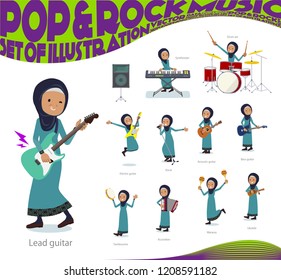 A set of old women wearing hijab playing rock 'n' roll and pop music.There are also various instruments such as ukulele and tambourine.It's vector art so it's easy to edit.