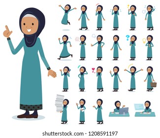 A set of old women wearing hijab with who express various emotions.There are actions related to workplaces and personal computers.It's vector art so it's easy to edit.