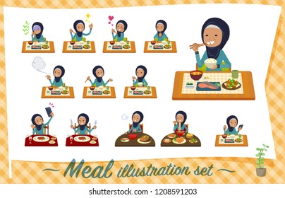 A set of old women wearing hijab about meals.Japanese and Chinese cuisine, Western style dishes and so on.It's vector art so it's easy to edit.