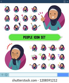 A set of old women wearing hijab with expresses various emotions on the SNS screen.There are variations of emotions such as joy and sadness.It's vector art so it's easy to edit.