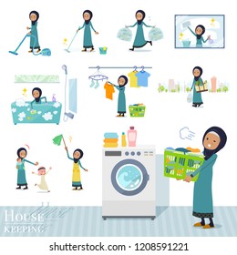 A set of old women wearing hijab related to housekeeping such as cleaning and laundry.There are various actions such as child rearing.It's vector art so it's easy to edit.