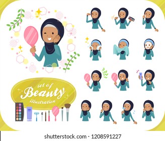 A set of old women wearing hijab on beauty.There are various actions such as skin care and makeup.It's vector art so it's easy to edit.