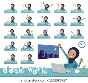 A set of old women wearing hijab on desk work.There are various actions such as feelings and fatigue.It's vector art so it's easy to edit.