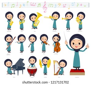 A set of old women wearing hijab on classical music performances.There are actions to play various instruments such as string instruments and wind instruments.It's vector art so it's easy to edit.