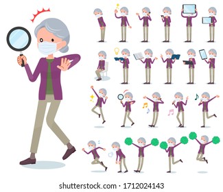 A set of old women wearing mask with digital equipment such as smartphones.There are actions that express emotions.It's vector art so it's easy to edit.