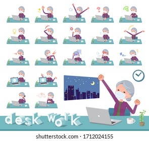 A set of old women wearing mask on desk work.There are various actions such as feelings and fatigue.It's vector art so it's easy to edit.