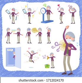 A set of old women wearing mask on inferiority complex.There are actions suffering from smell and appearance.It's vector art so it's easy to edit.