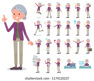 A set of old women with who express various emotions.There are actions related to workplaces and personal computers.It's vector art so it's easy to edit.