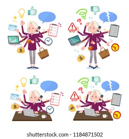 A set of old women who perform multitasking in the office.There are things to do smoothly and a pattern that is in a panic.It's vector art so it's easy to edit.