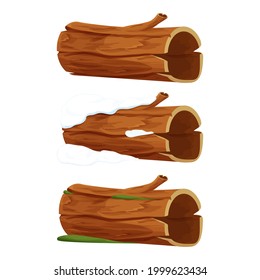 Set old wood, tree log, trunk with moss and grass, with snow and empty in cartoon style isolated on white background. Forest clipart, old and broken piece, part. . Vector illustration