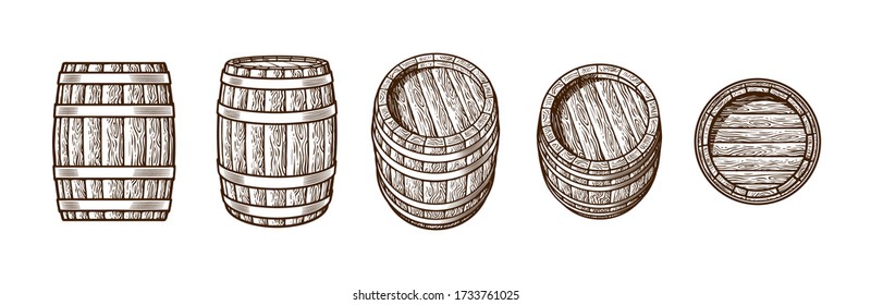 Set of old wooden barrels in different positions.  Front side three quarters view. Vintage engraving style. Hand drawn vector illustrations isolated on white background.