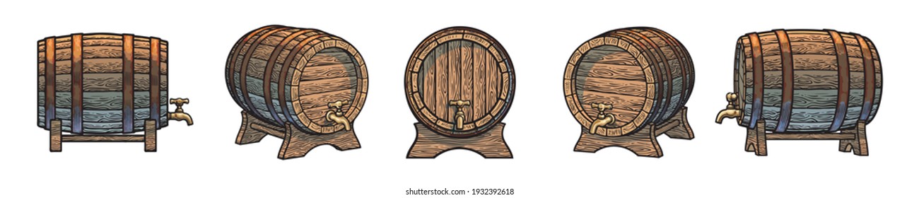 Eine Reihe alter Holzfässer mit Armaturen steht in verschiedenen Positionen im Stilstil der Vintage. Bier, Wein, Rum Whiskey traditionellen Fässern. Vorder-, Seite- und Dreiviertelansicht. Vektorgrafiken.