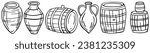 Set of old wooden barrels of wine, jug for wine, kvevri in outline style on a white background. Traditional Georgian wine making.  Old Beer barrel. Vector illustration