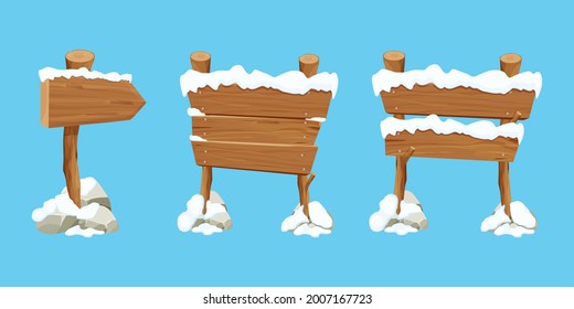 Set old wooden blank, signboard with snow in cartoon style.Empty frames, direction plank isolated on blue background. Season decoration