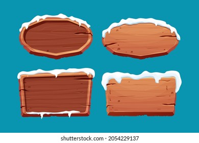 Set old wooden blank, signboard with snow in cartoon style.Empty frame, direction plank isolated on white background. Seasonal decoration