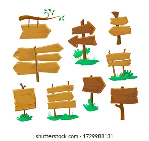 Set of Old Wooden Blank Signboards Isolated on White Background. Arrow Boards Road Pointers and Planks Hanging on Tree Branch. Wood Vintage Billboards Graphic Object. Cartoon Vector Illustration