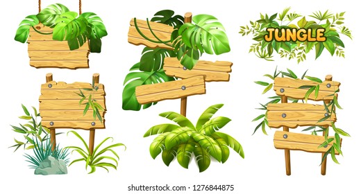 Set old wooden boards decorated leaves liana. Cartoon game panels in jungle style on white background. Isolated 3d vector illustration.