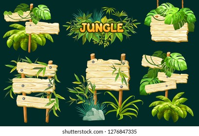 Set old wooden boards decorated leaves liana. Cartoon game panels in jungle style on dark background. Isolated 3d vector illustration.