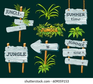 Set old wooden boards decorated leaves liana. Cartoon game panels in jungle style on white background. Isolated 3d vector illustration.