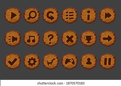 Set of old wooden buttons for the game menu. Isolated vector buttons and icons for interface.