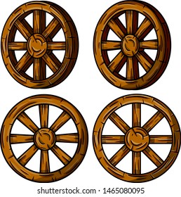 Set of old wooden cart wheels. Brown Detail of wagon with cracks. A village vehicle in the wild West. Hand drawn cartoon illustration