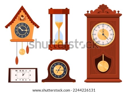 A set of old wooden clocks of various types and models. Wall office clocks. Time tracking. Vector illustration