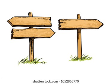 Set of old wooden direction signs. Double and single direction signs. Hand drawn vector illustration in sketch style isolated on white background.