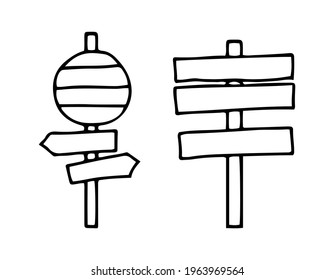 Set of old wooden road signs.  With a round and rectangular nameplate.Vector illustration hand-drawn in black outline on a white background.  Doodle style.