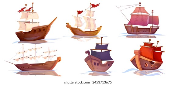 Set of Old wooden ships. Ancient pirate frigates, sailboat, schooners and traditional boats sailing on sea. Galleons or warships. Cartoon flat vector illustrations isolated on white background