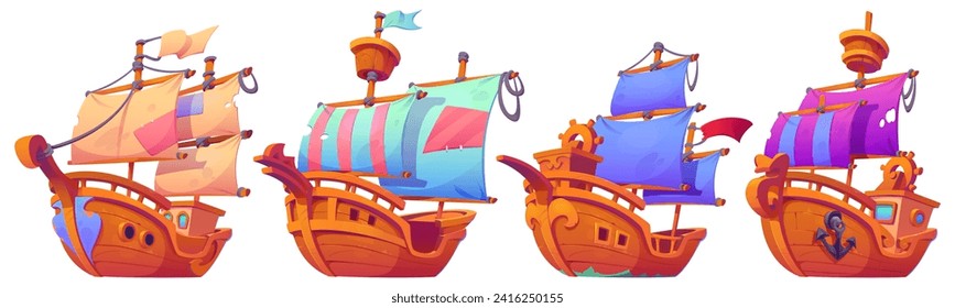 Set of old wooden ships isolated on white background. Vector cartoon illustration of vintage sailboats with steering wheels, torn sails, anchor, ropes and mast, trade caravels, ancient water transport