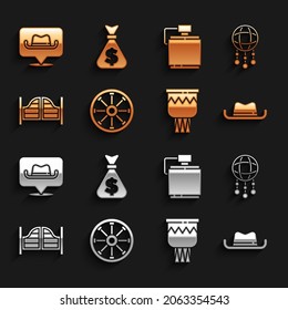 Set Old wooden wheel, Dream catcher with feathers, Western cowboy hat, Drum, Saloon door, Canteen water bottle, Location and Money bag icon. Vector