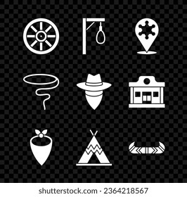 Set Old wooden wheel, Gallows, Hexagram sheriff, Cowboy bandana, Indian teepee or wigwam, Kayak canoe paddle, Lasso and  icon. Vector