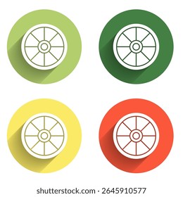 Set Old wooden wheel icon isolated with long shadow background. Color circle button. Vector