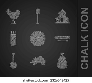 Set Old wooden wheel, Wild west covered wagon, Money bag, Kayak or canoe and paddle, Banjo, Quiver with arrows, Church building and saddle icon. Vector