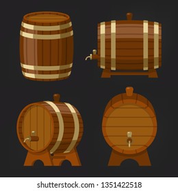 Set of old wooden wine barrel or beer oak keg. Container with alcohol drink or booze. Storage for whiskey liquid or cognac, ale beverage or scotch, rum. Vintage and old, brewery and bar, pub theme