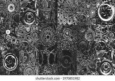 Set of old worn, rough mechanical gears made of rusty metal. Design minimalism. Iron composition. Retro style. Stylish top and trendy design textures round gears. EPS vector illustration