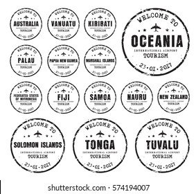 Set of old worn stamps passport with the name of the cores Oceania. Templates sign for the travel and airport. Vector illustration