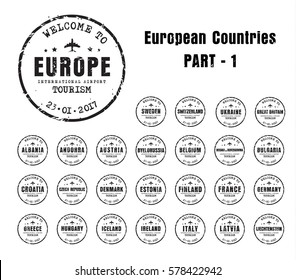 Set Of Old Worn Stamps Passport With The Name Of The European Countries. Templates Sign For The Travel And Airport. Part 1