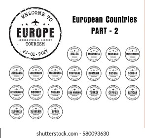 Set Of Old Worn Stamps Passport With The Name Of The European Countries. Templates Sign For The Travel And Airport. Part 2
