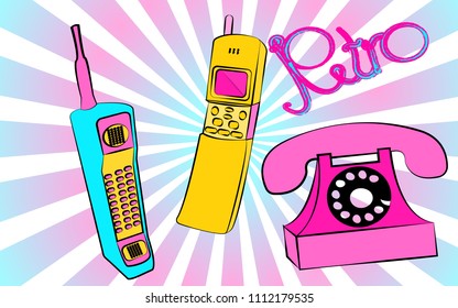Set of old yellow blue and blue retro button retro vintage hipster square mobile phones and a disk wired telephone and an inscription retro against a background of purple rays.